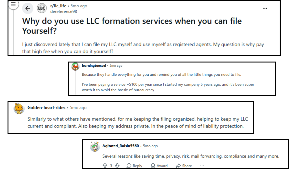 A Reddit conversation on reasons to hire a professional business formation service
