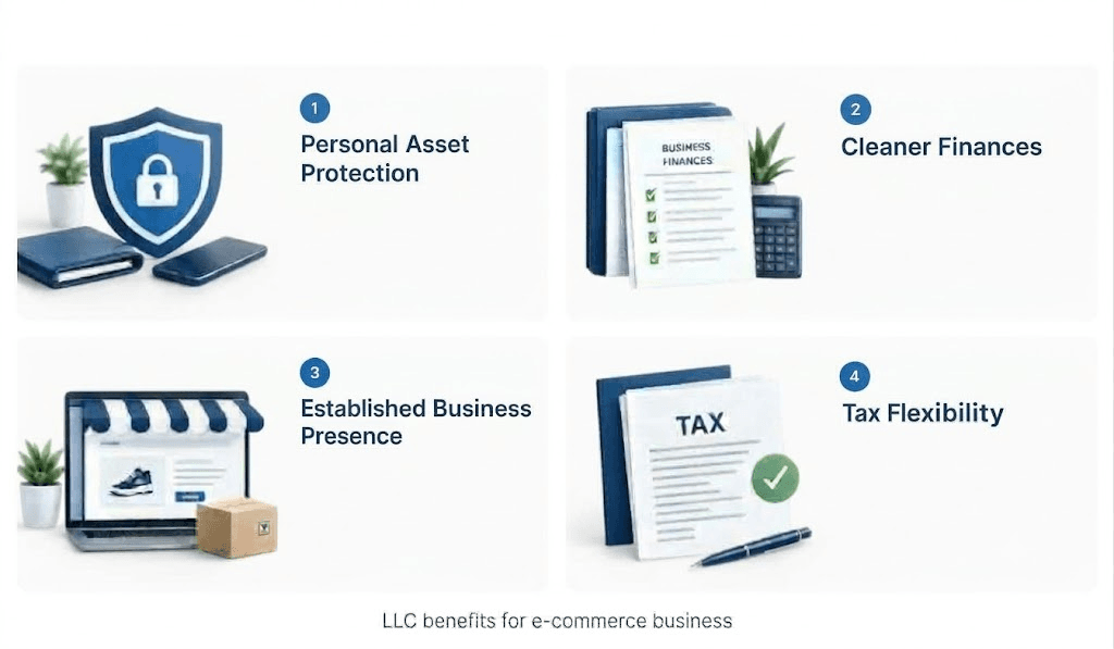 A visual detailing LLC benefits for an e-commerce business like personal asset protection, cleaner finances, established business presence, and tax flexibility.