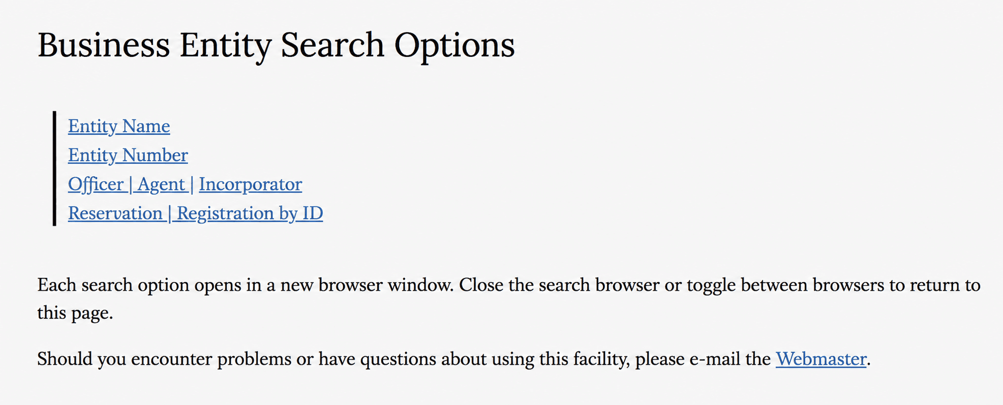 Alabama Secretary of State business entity search page showing the entity name search field
