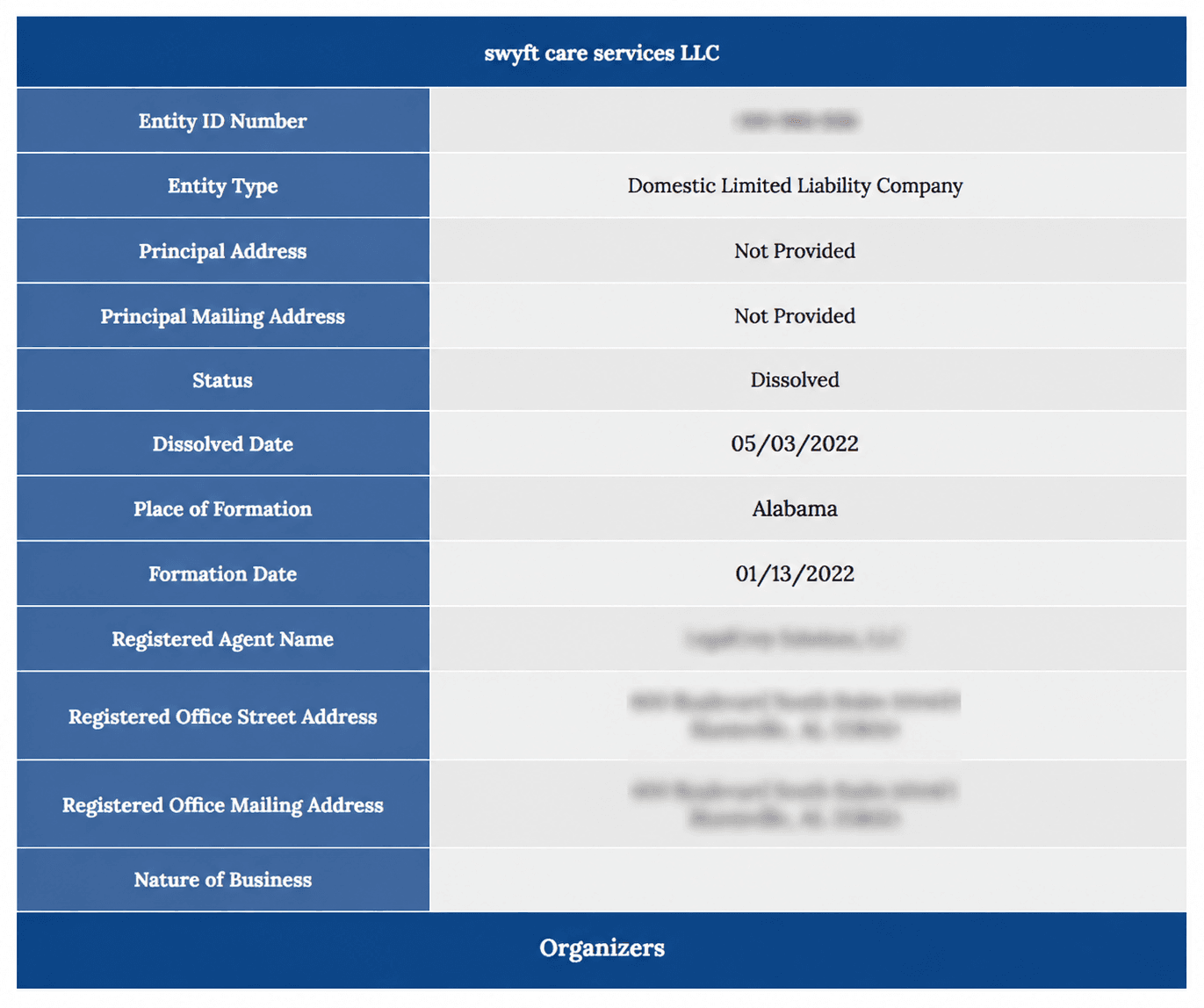 Alabama entity detail page showing entity ID, status, formation date, and registered agent