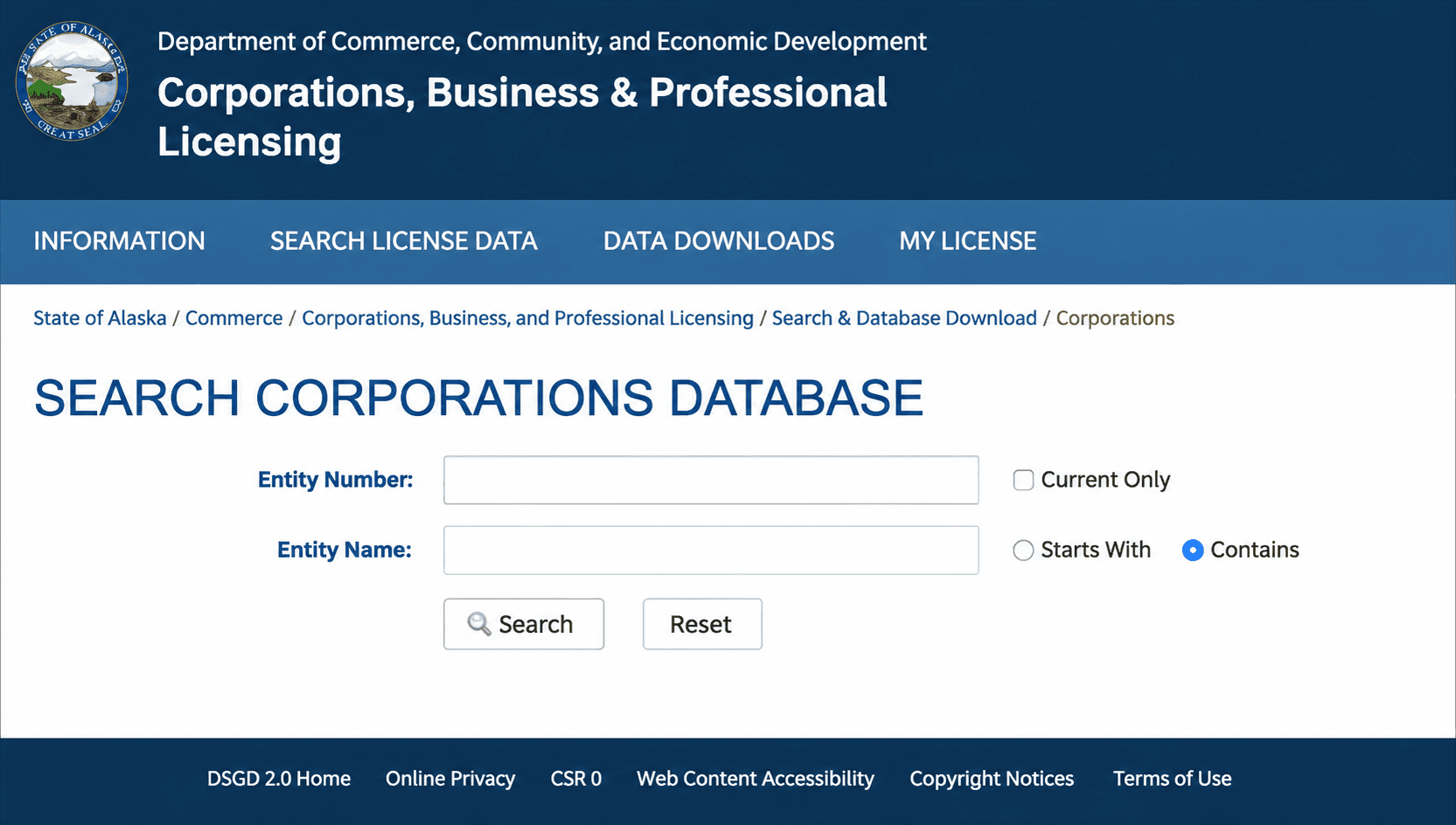 Alaska Corporations Database search page showing the entity name and entity number fields