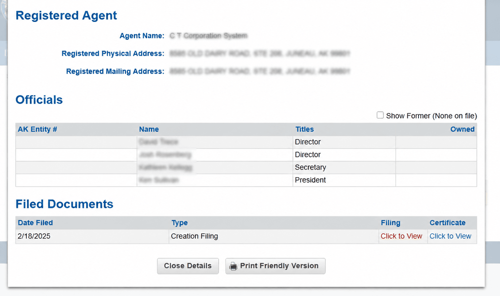 Alaska entity detail page showing entity number, status, formation date, and registered agent