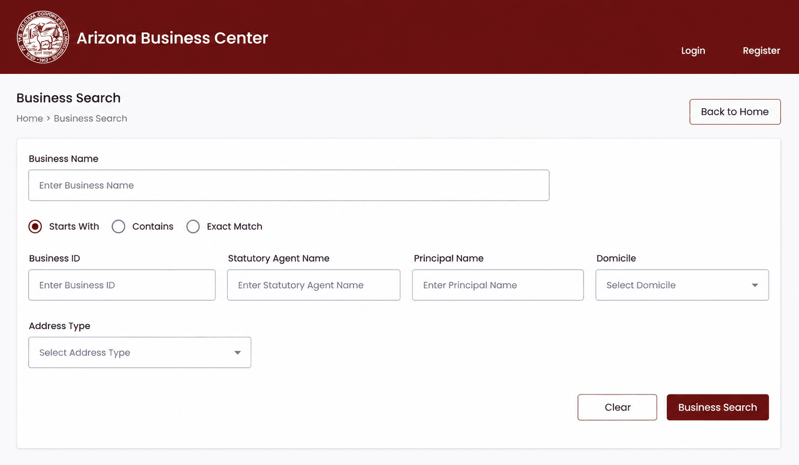 Arizona Corporation Commission business search page