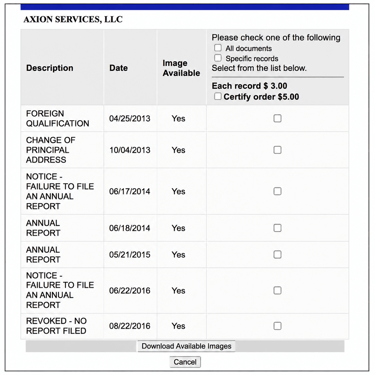 Axion Services Document Selection Table