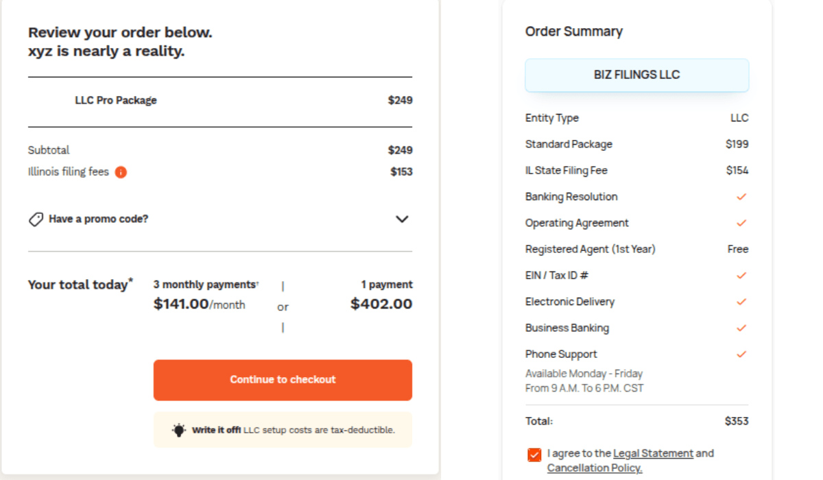 Bizee and LegalZoom LLC cost comparison