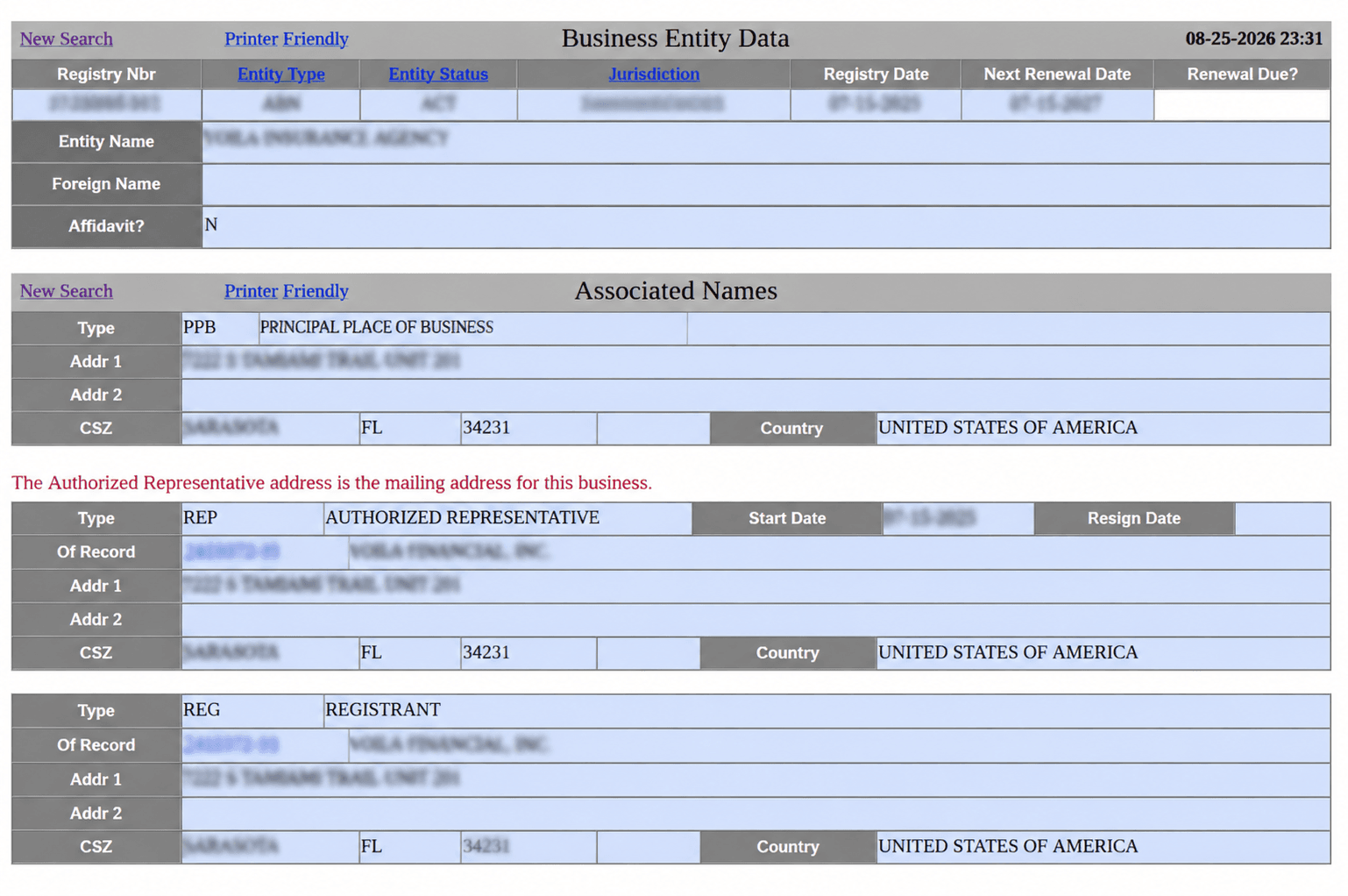 Business Entity Data Registry Page
