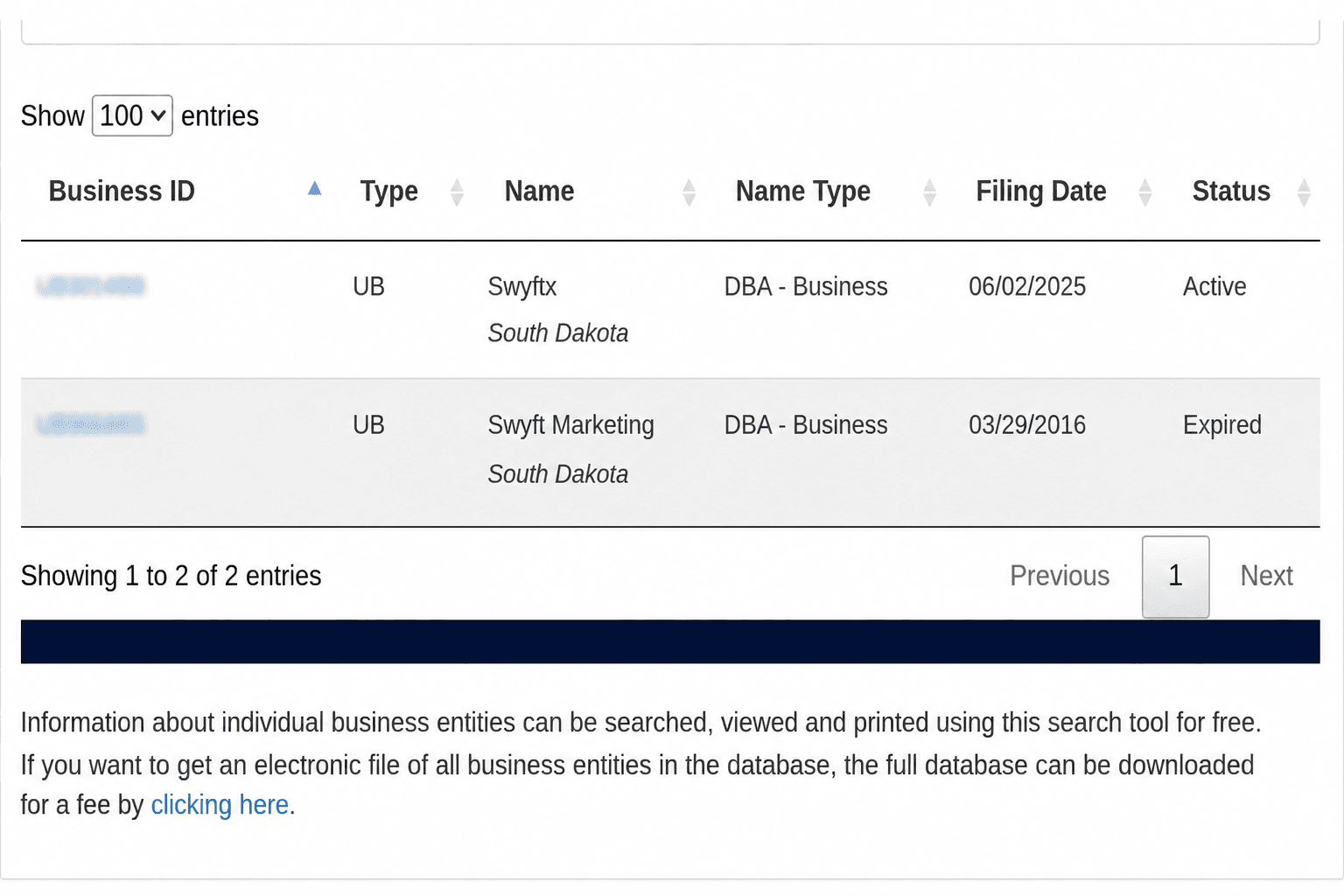 Business Entity Search Table