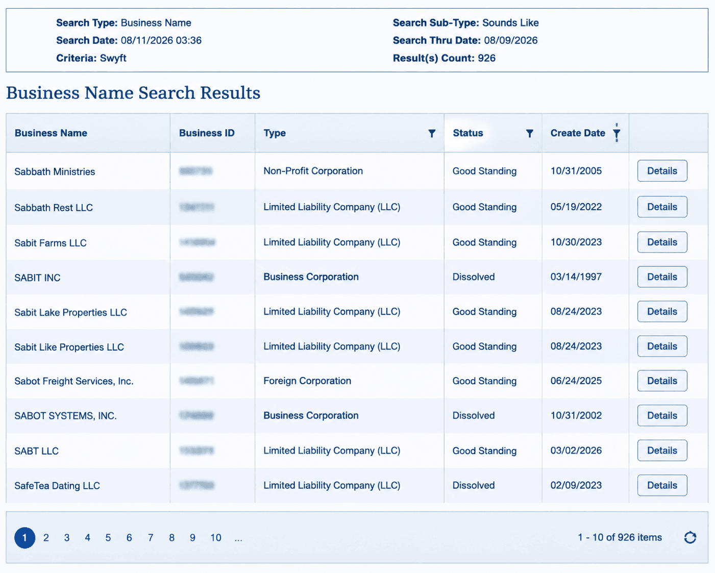 Business Name Search Results Table