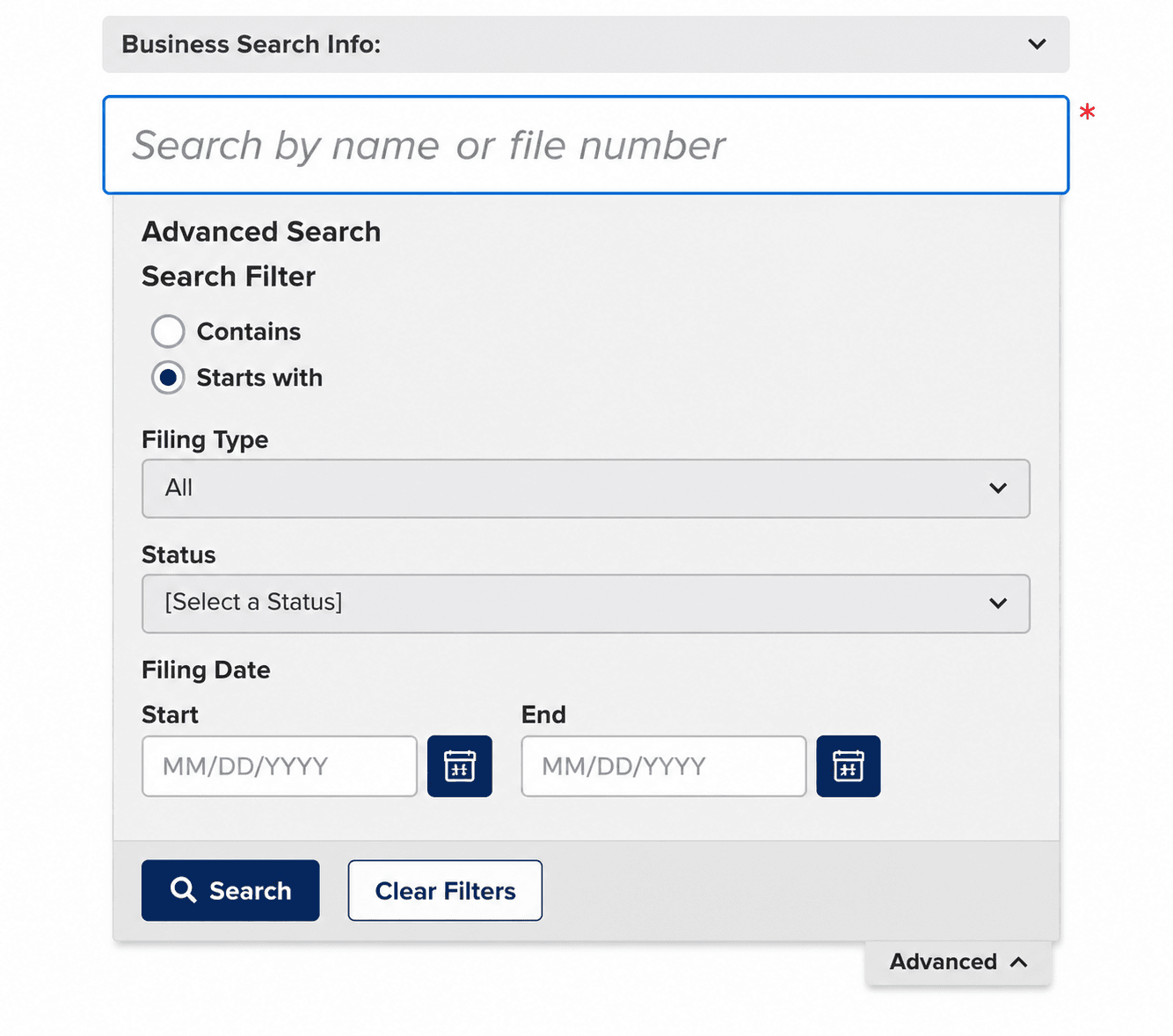 Business Search Advanced Filter Panel