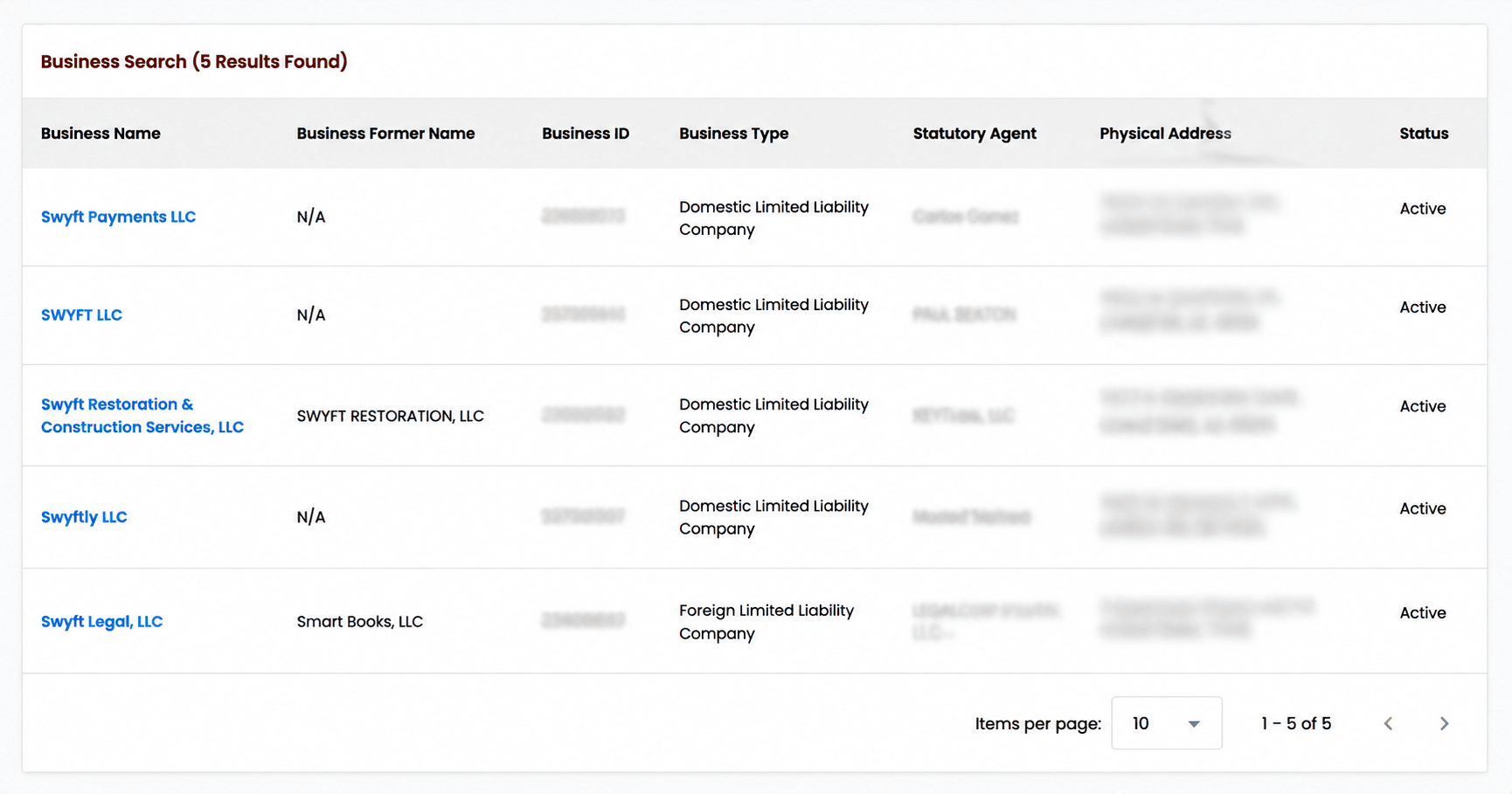 Business Search Results Table