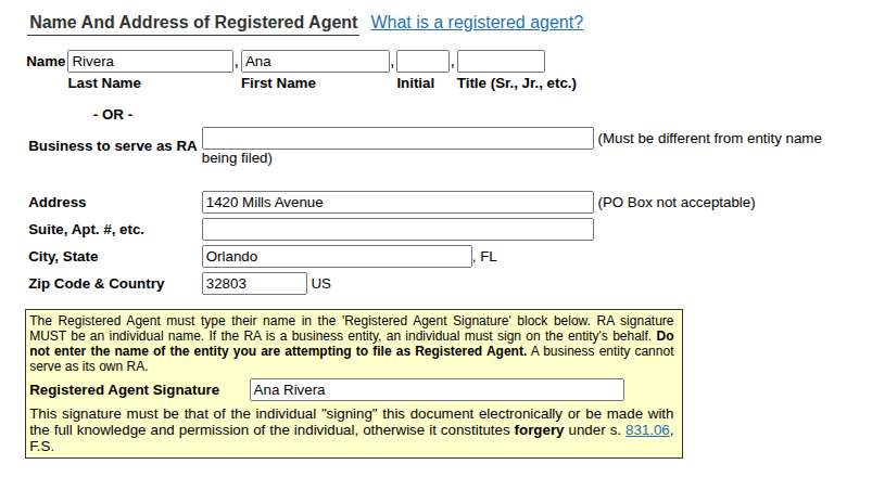 Florida Articles of Organization form showing registered agent name, address, and acceptance signature