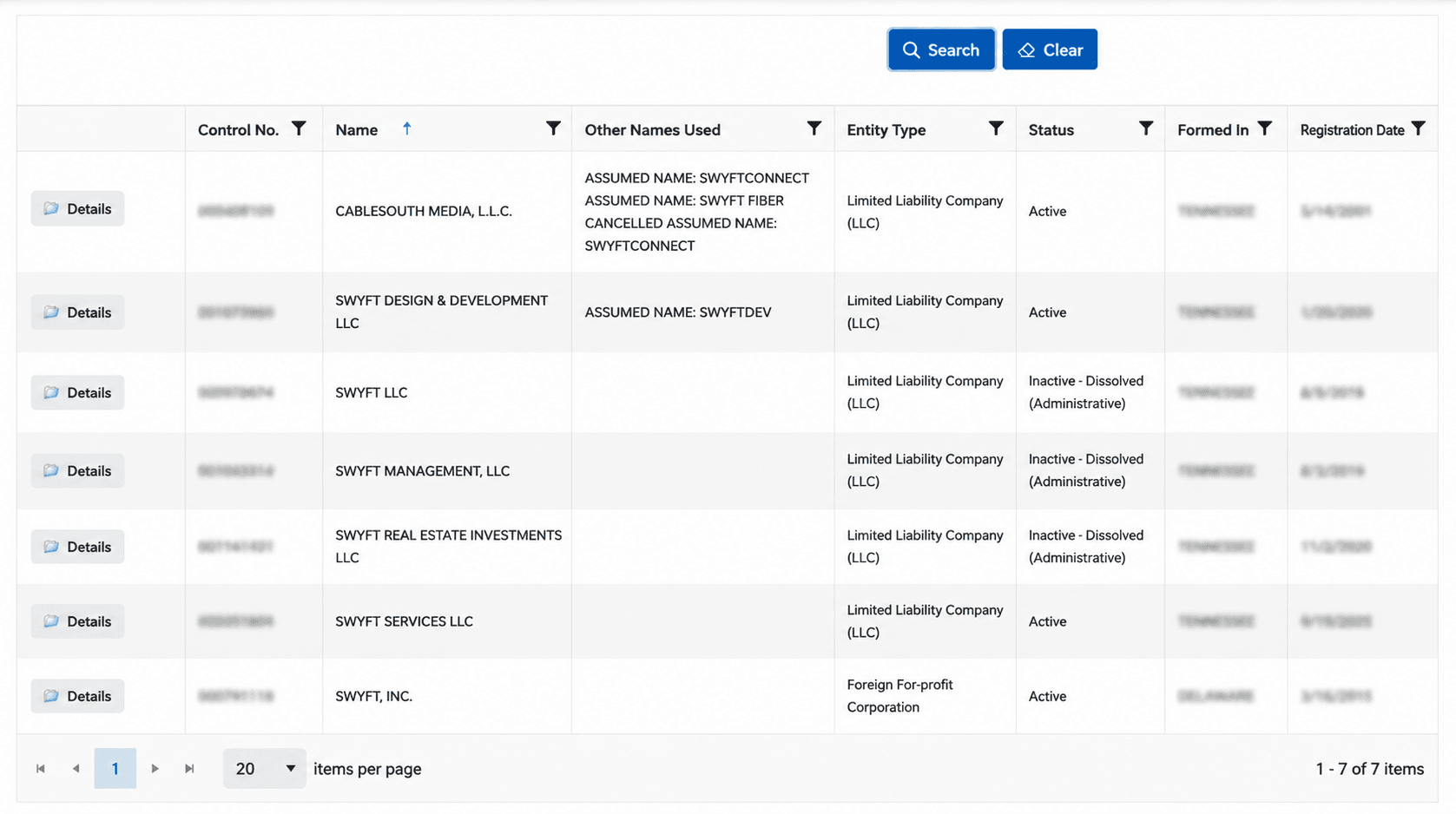Corporate Entity Search Results Table