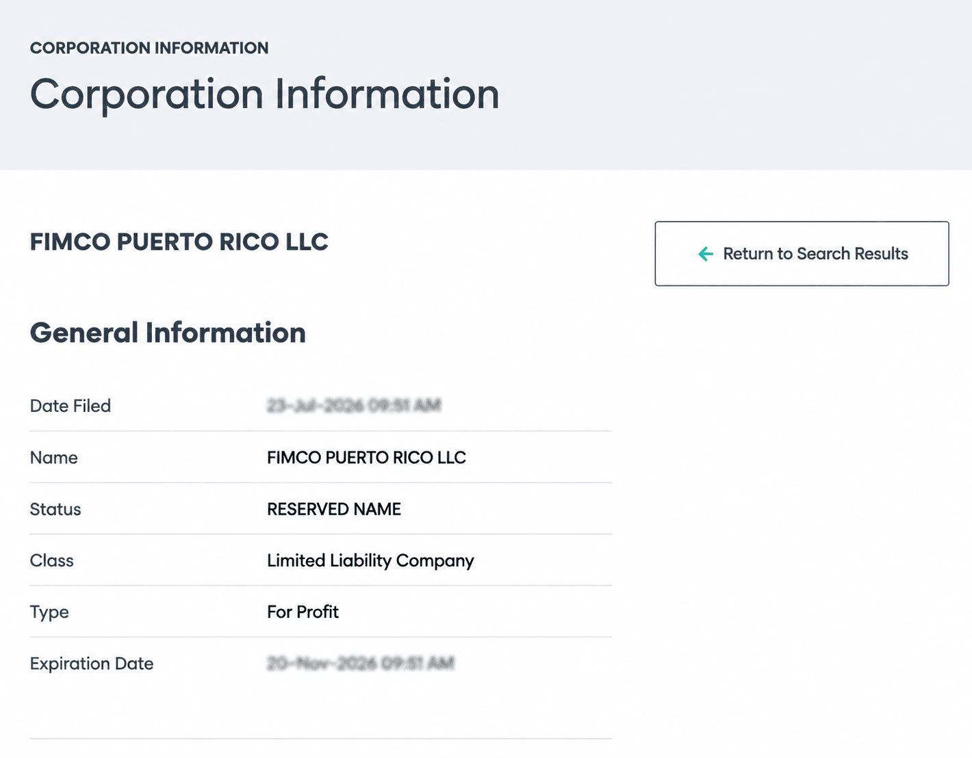 Corporate Information Record Page
