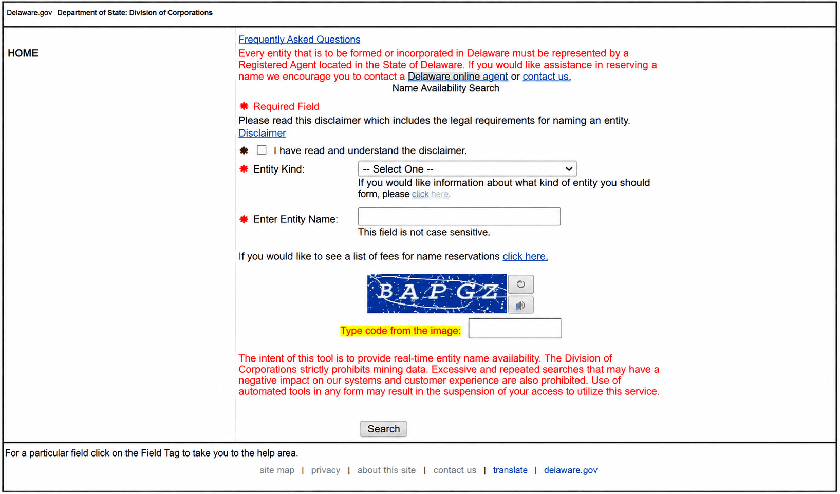Delaware Entity Name Search Form