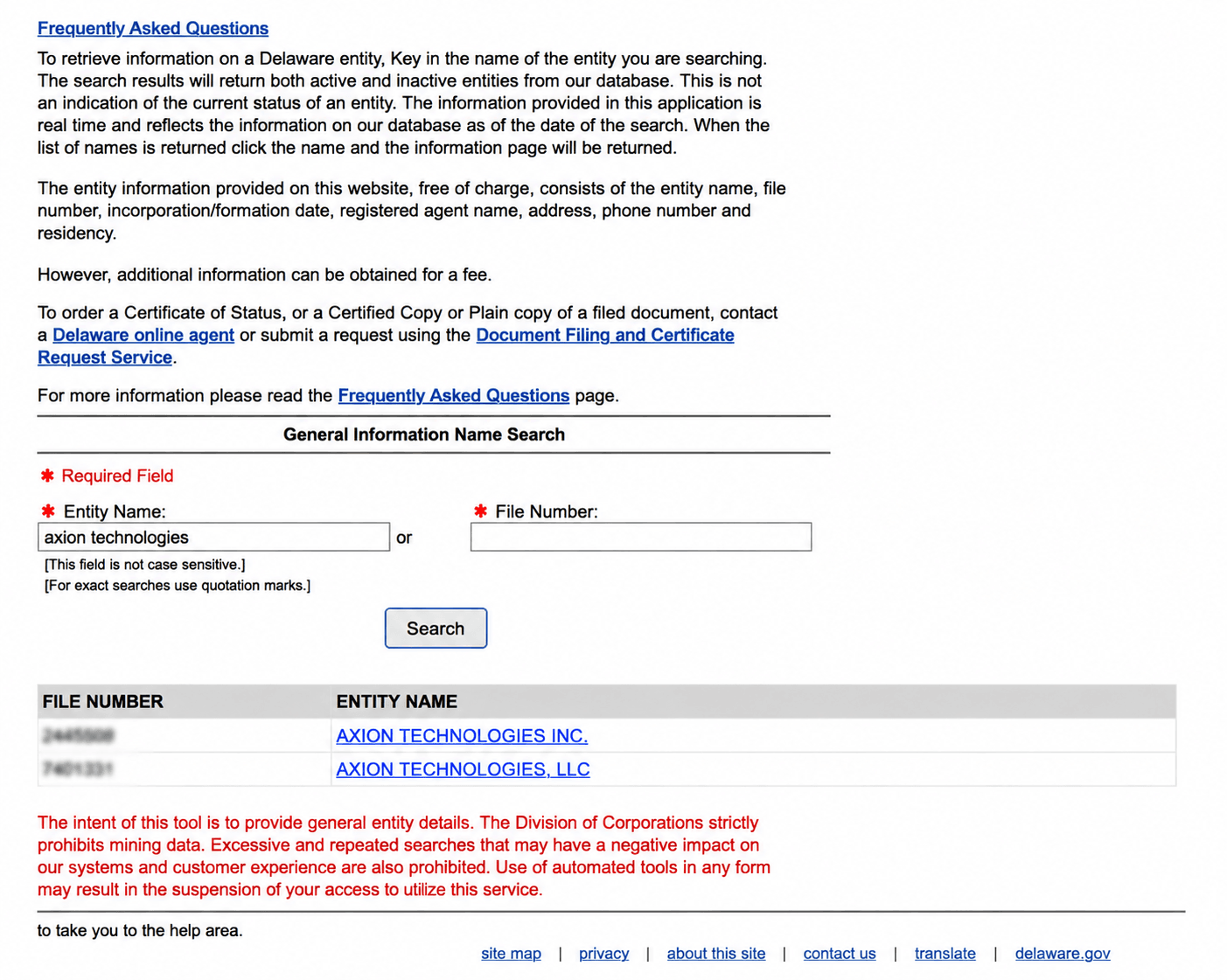 Delaware Entity Name Search Results