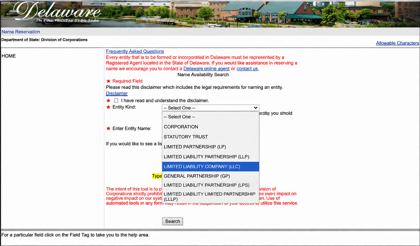 Delaware Name Availability Search entity kind dropdown showing Corporation, LLC, LP, LLP, and other entity types