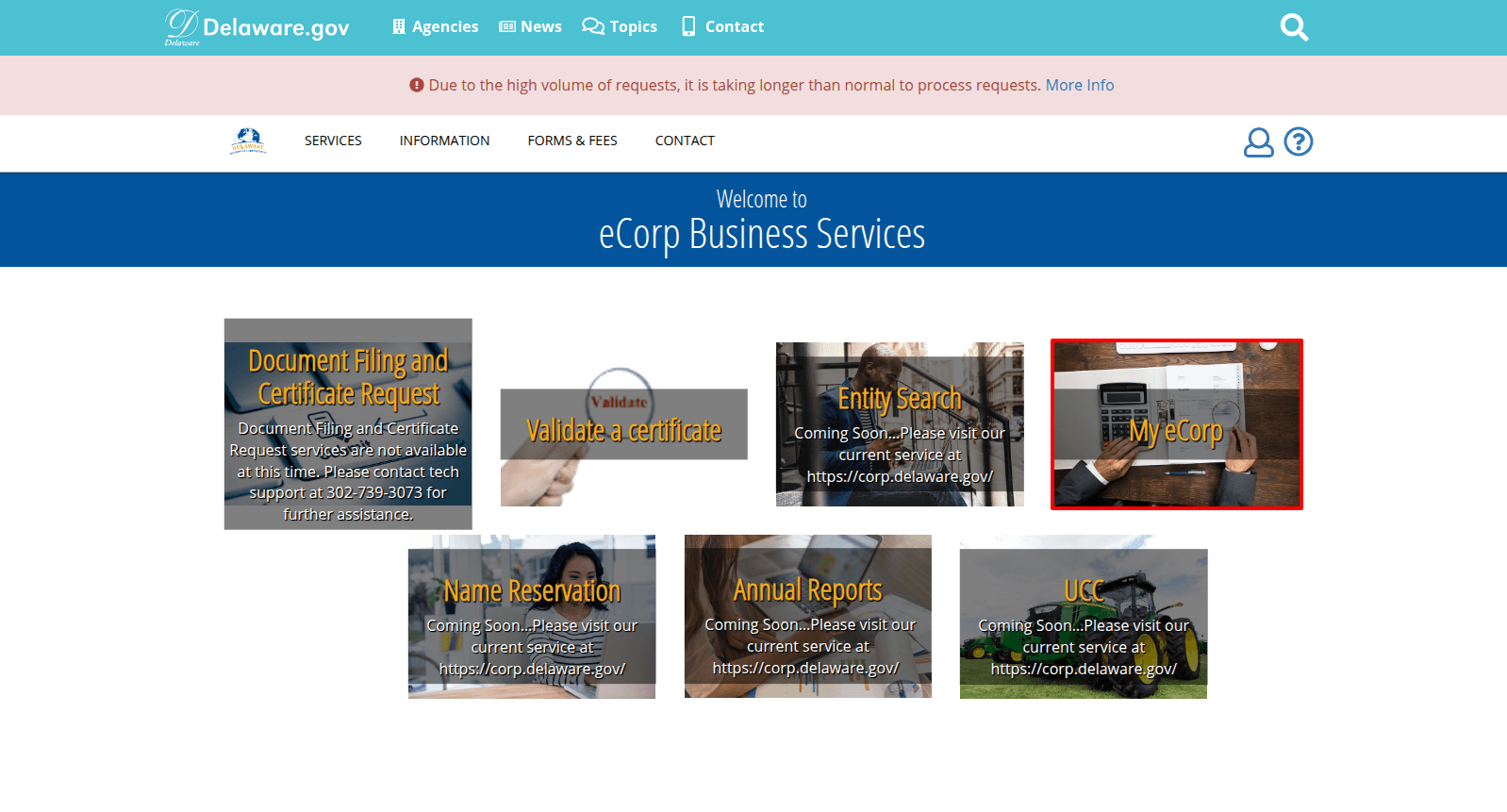 Delaware.gov services menu used to file LLC paperwork online for free