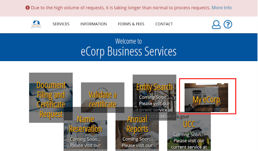 Delaware.gov services menu used to file LLC paperwork online for free