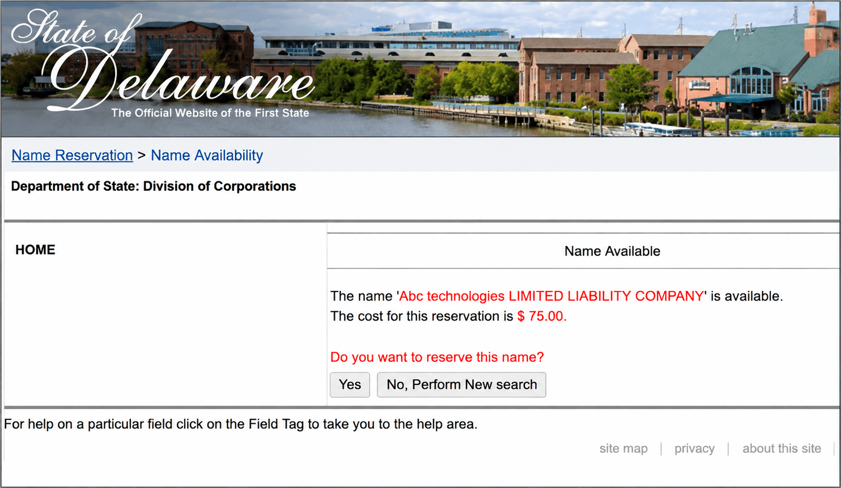 Delaware name availability result showing a sample LLC name is available