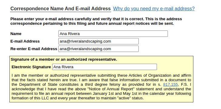 Florida Articles of Organization form showing correspondence name, email address, and electronic signature fields