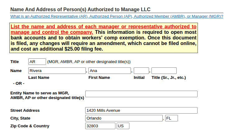 Florida LLC formation form showing Ana Rivera listed as an authorized representative with title AR