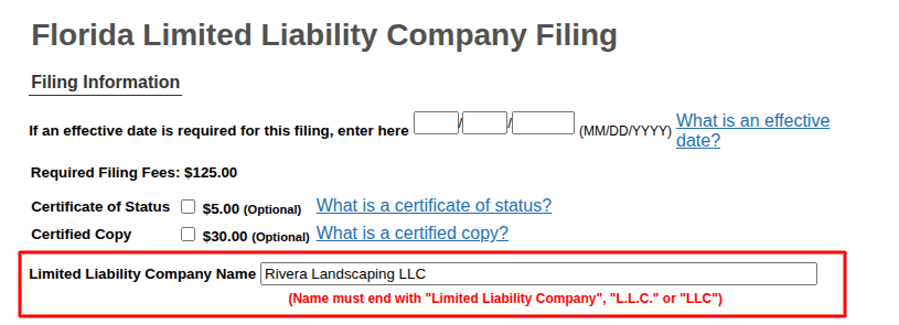 Florida Articles of Organization form showing Rivera Landscaping LLC entered in the business name field