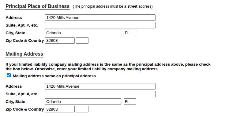 Florida LLC formation form showing principal business address and mailing address fields