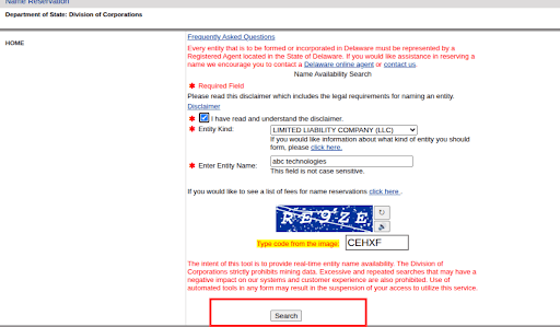 Entity Name availability check form