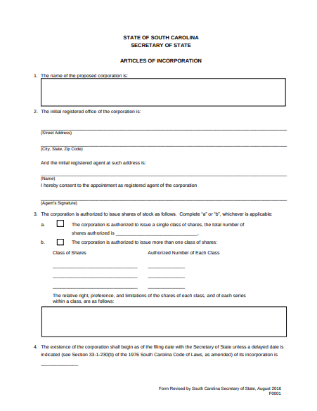 File Articles of Incorporation with the South Carolina Secretary of State