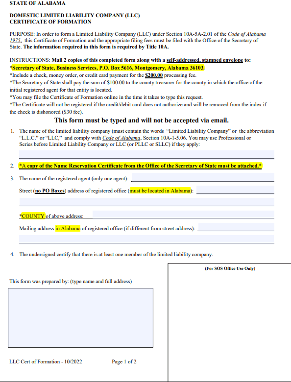 File Certificate of Formation for Your Alabama LLC