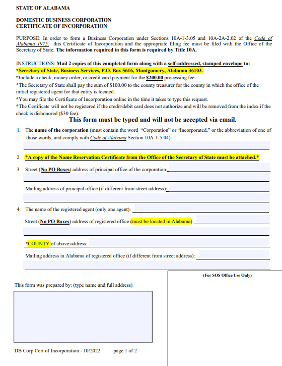 File Your Alabama Certificate of Incorporation 