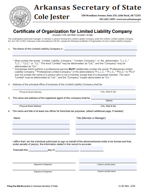  File Your Arkansas Certificate of Organization