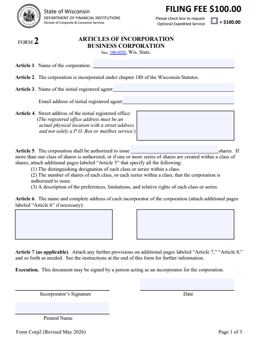  File Your Articles of Incorporation With Wisconsin DFI