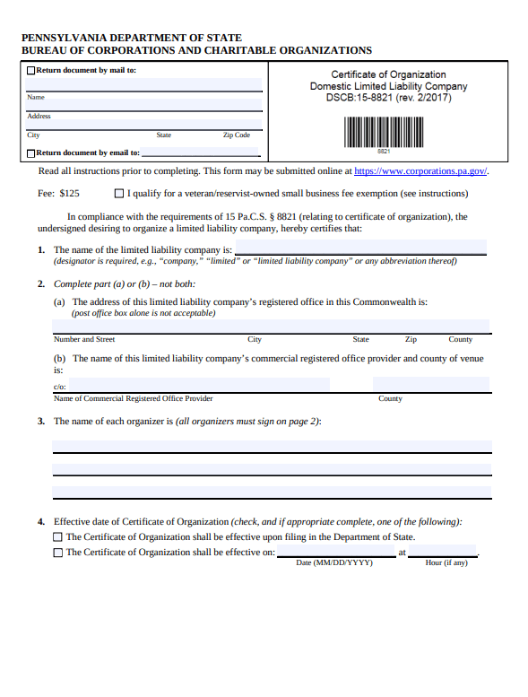 File Your Certificate of Organization (Form DSCB:15-8821)