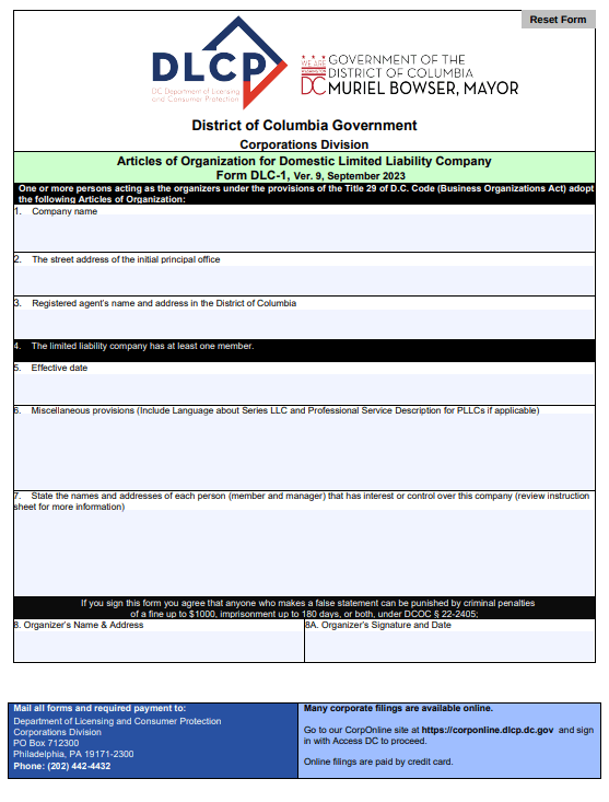 File Your DC Articles of Organization (Form DLC-1)