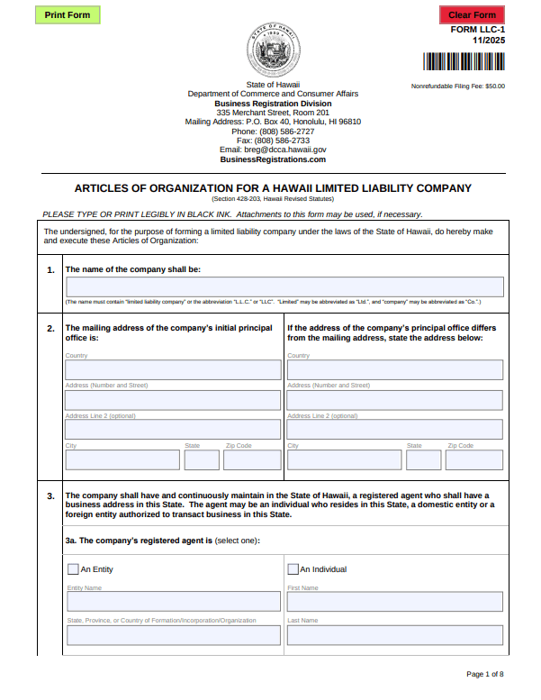 File Your Hawaii Articles of Organization (Form LLC-1)
