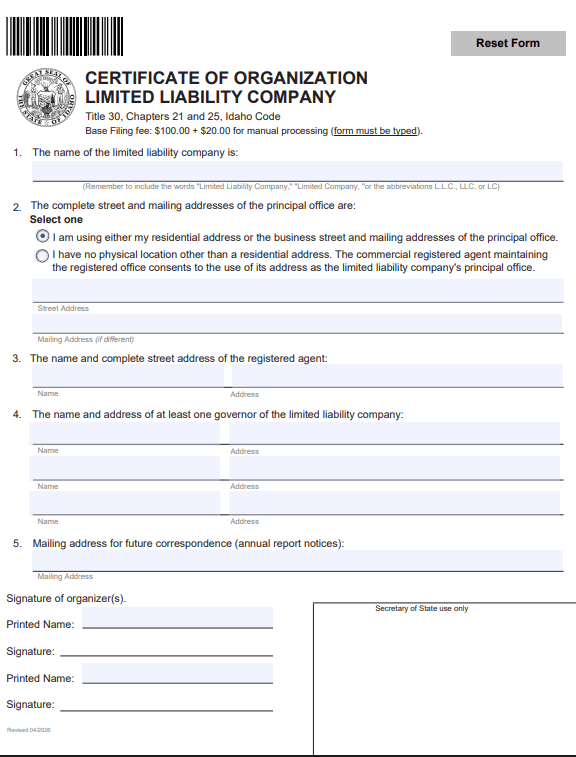 File Your Idaho Certificate of Organization