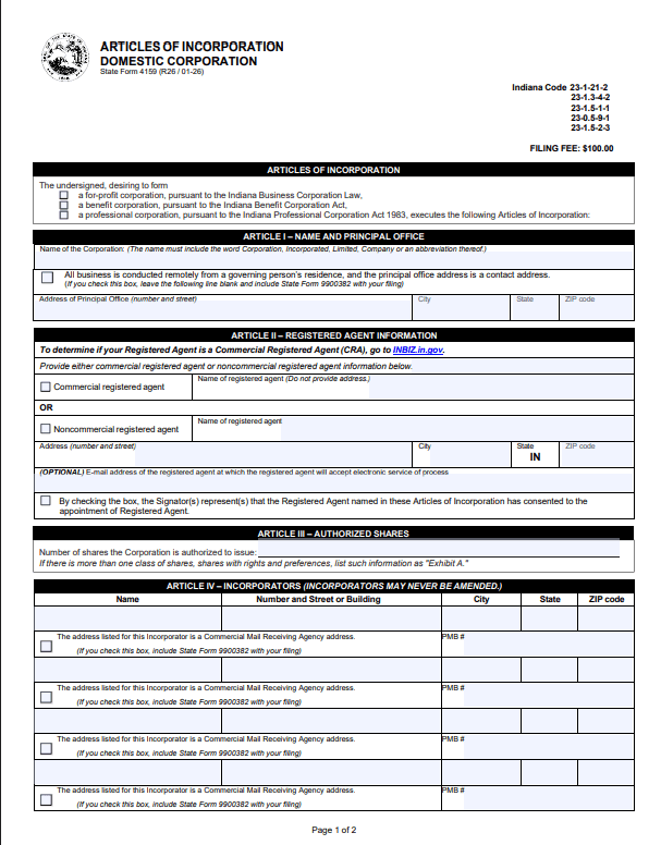 File Your Indiana Articles of Incorporation