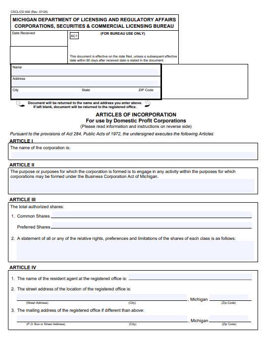 File Your Michigan Articles of Incorporation