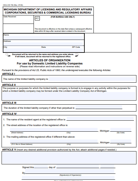 File Your Michigan Articles of Organization