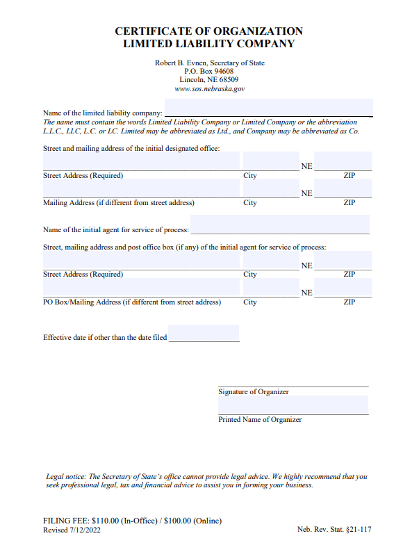 File Your Nebraska Certificate of Organization