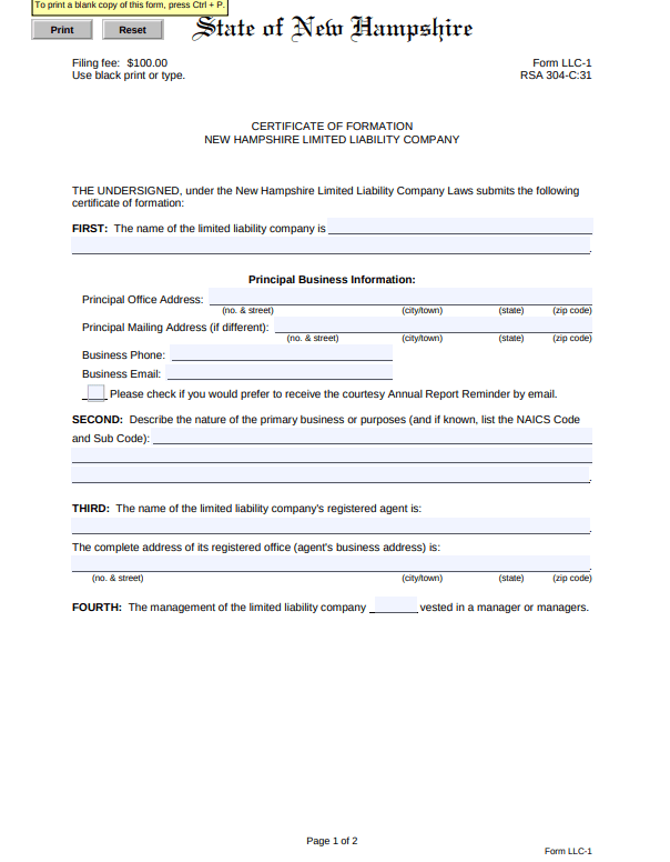 File Your New Hampshire Certificate of Formation