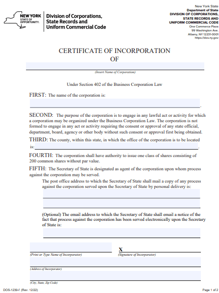 File Your New York Certificate of Incorporation