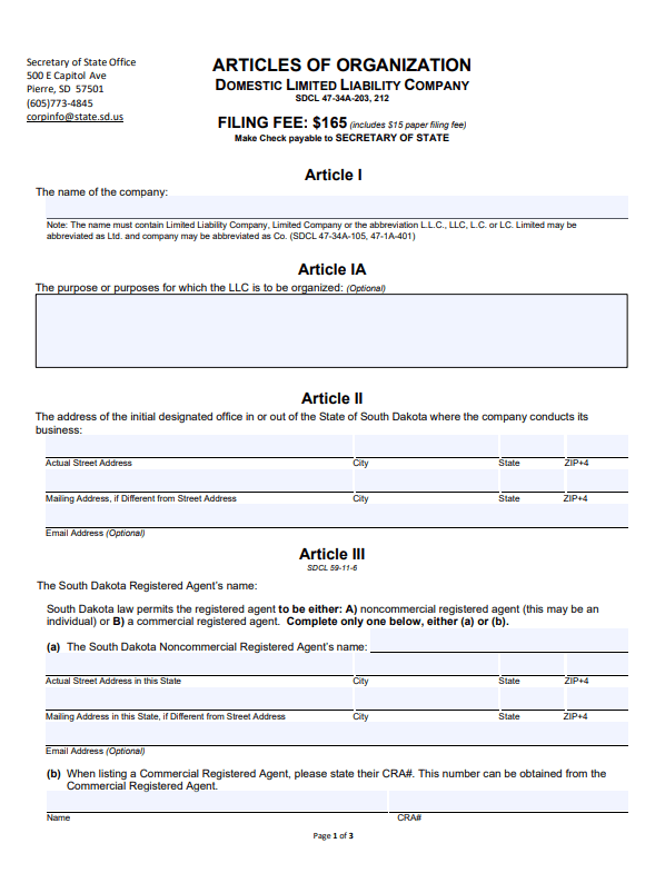 File Your South Dakota Articles of Organization