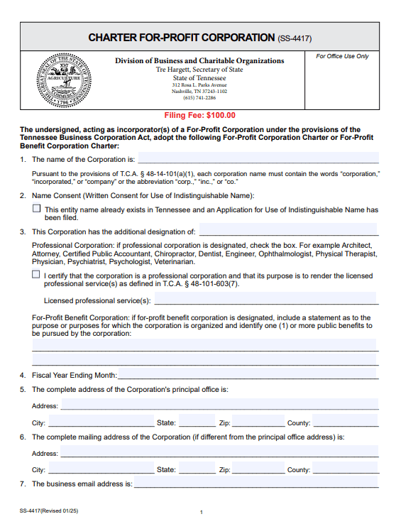 File Your Tennessee Charter for a For-Profit Corporation