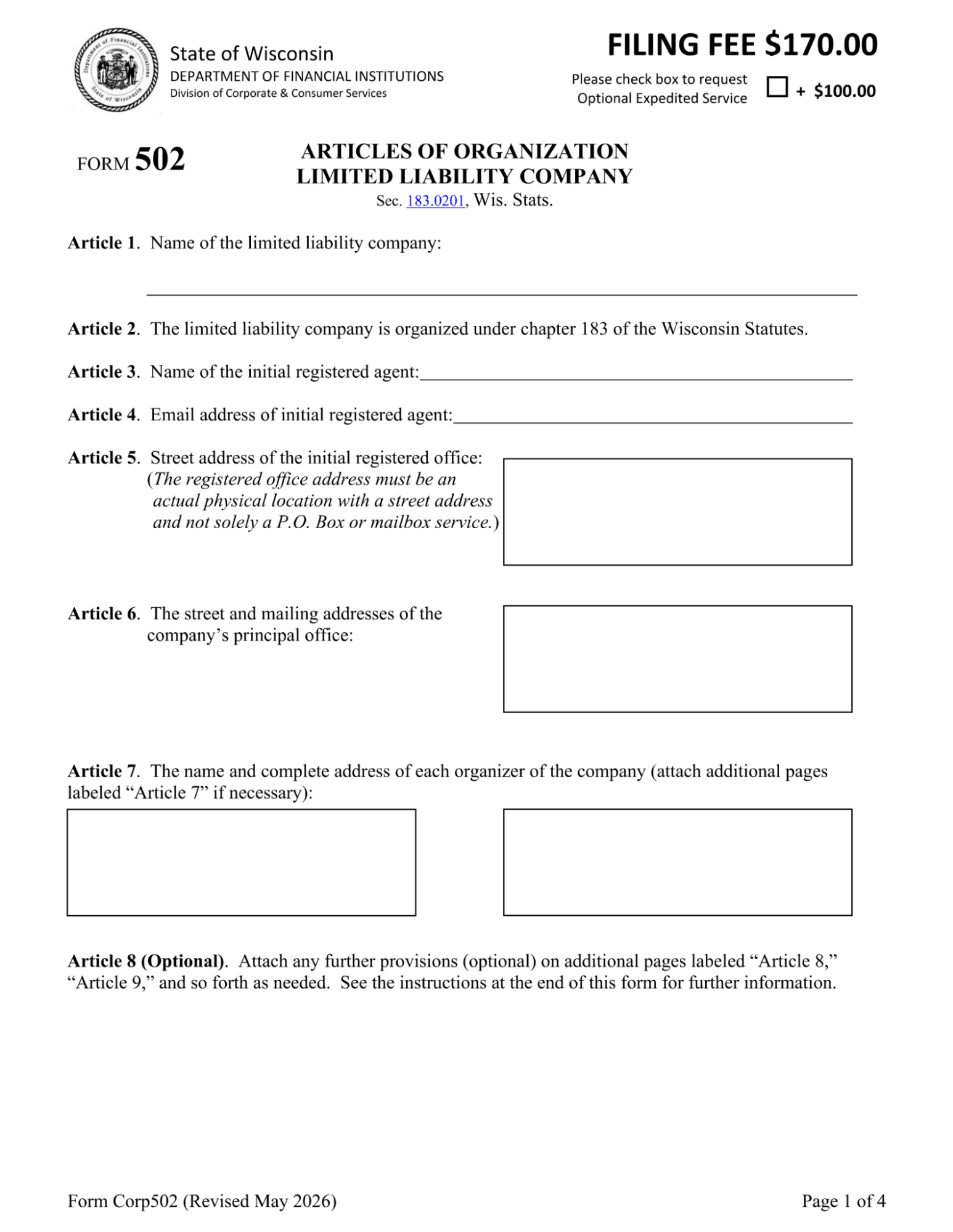 File Your Wisconsin Articles of Organization