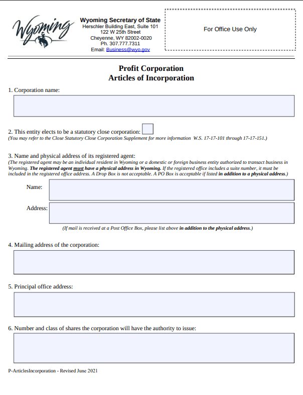 File Your Wyoming Articles of Incorporation