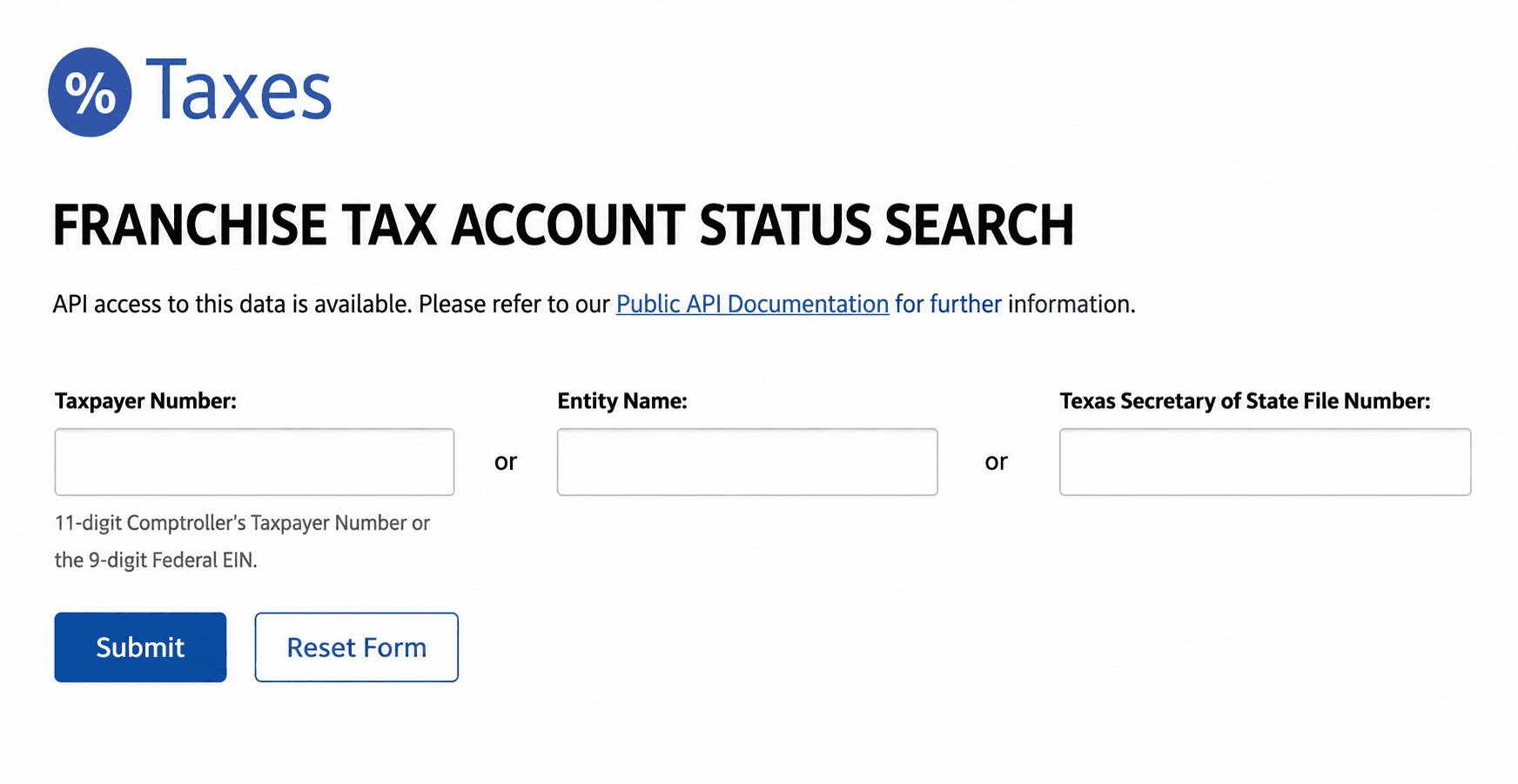 Franchise Tax Account Search Form