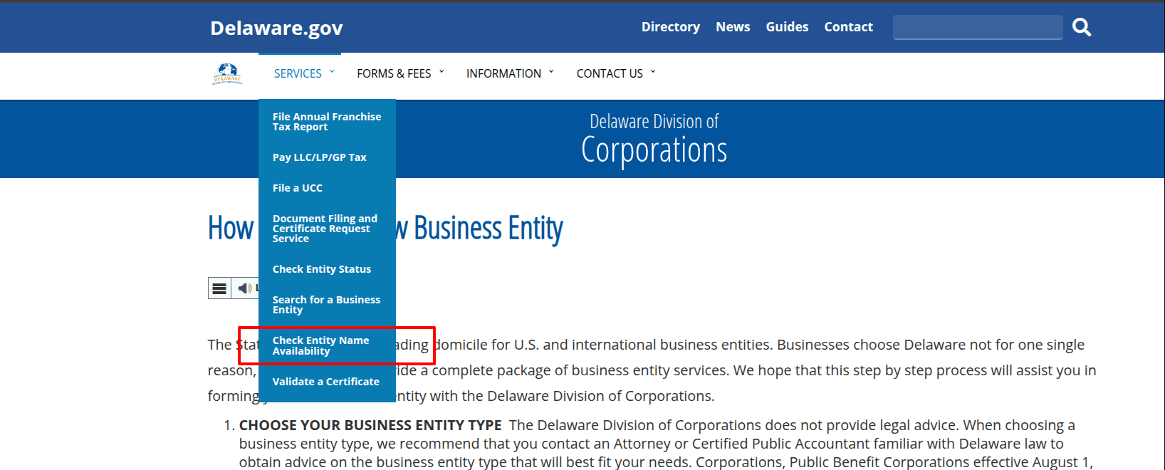 Free LLC name availability search form on Delaware's official Division of Corporations website