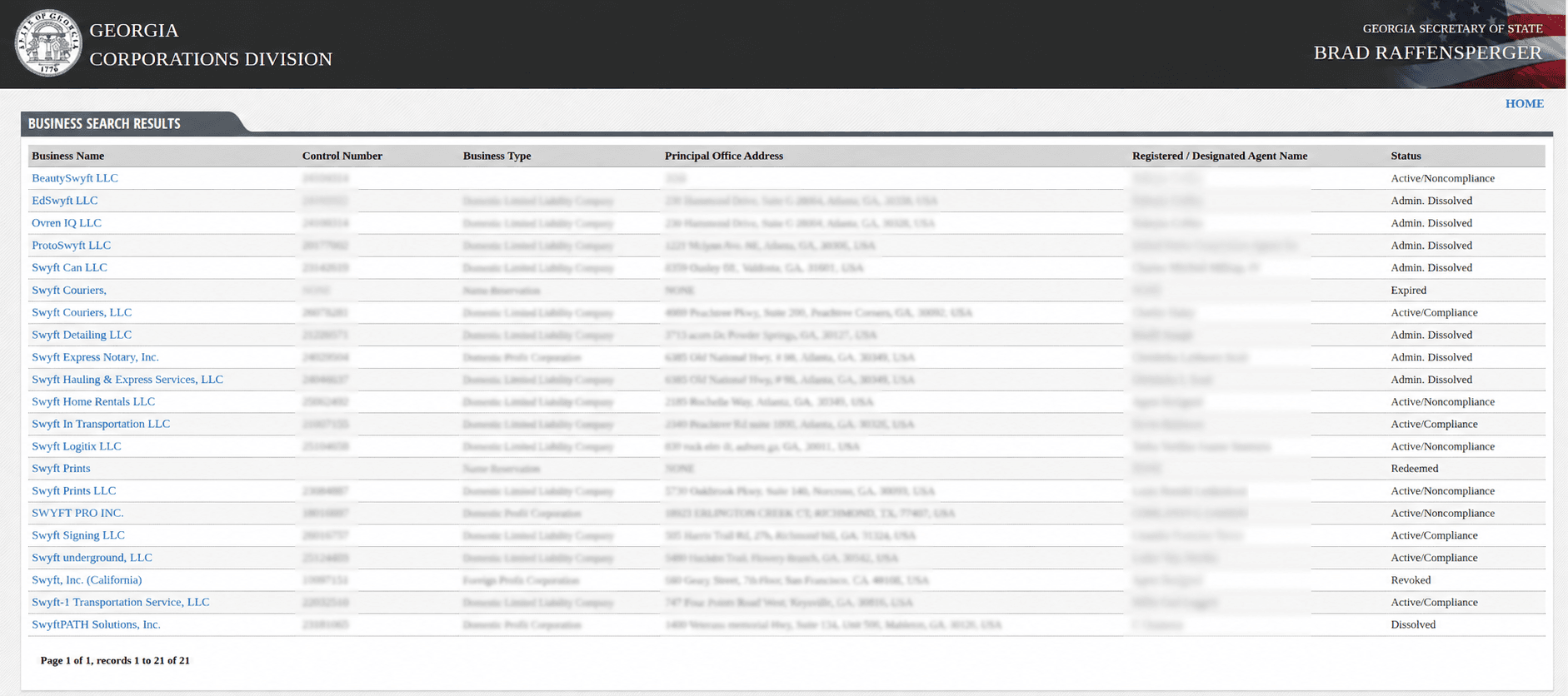 Georgia Corporations Business Search Results